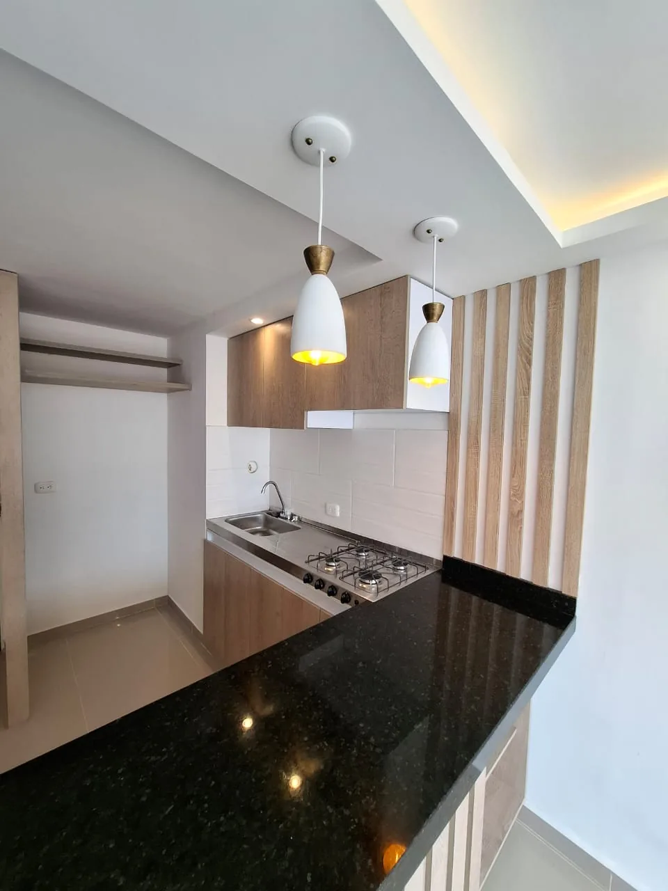 Cocina lineal con mesón en granito y listones de madera